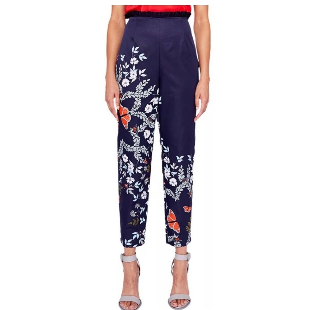 Ted Baker Leonna Navy Blue/Floral Pants Sz 1 or US 4 EUC